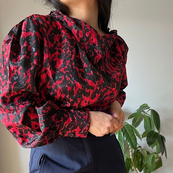 vtg 80s long sleeve satiny blouse red black glam classic maximalist style large - Picture 3 of 9